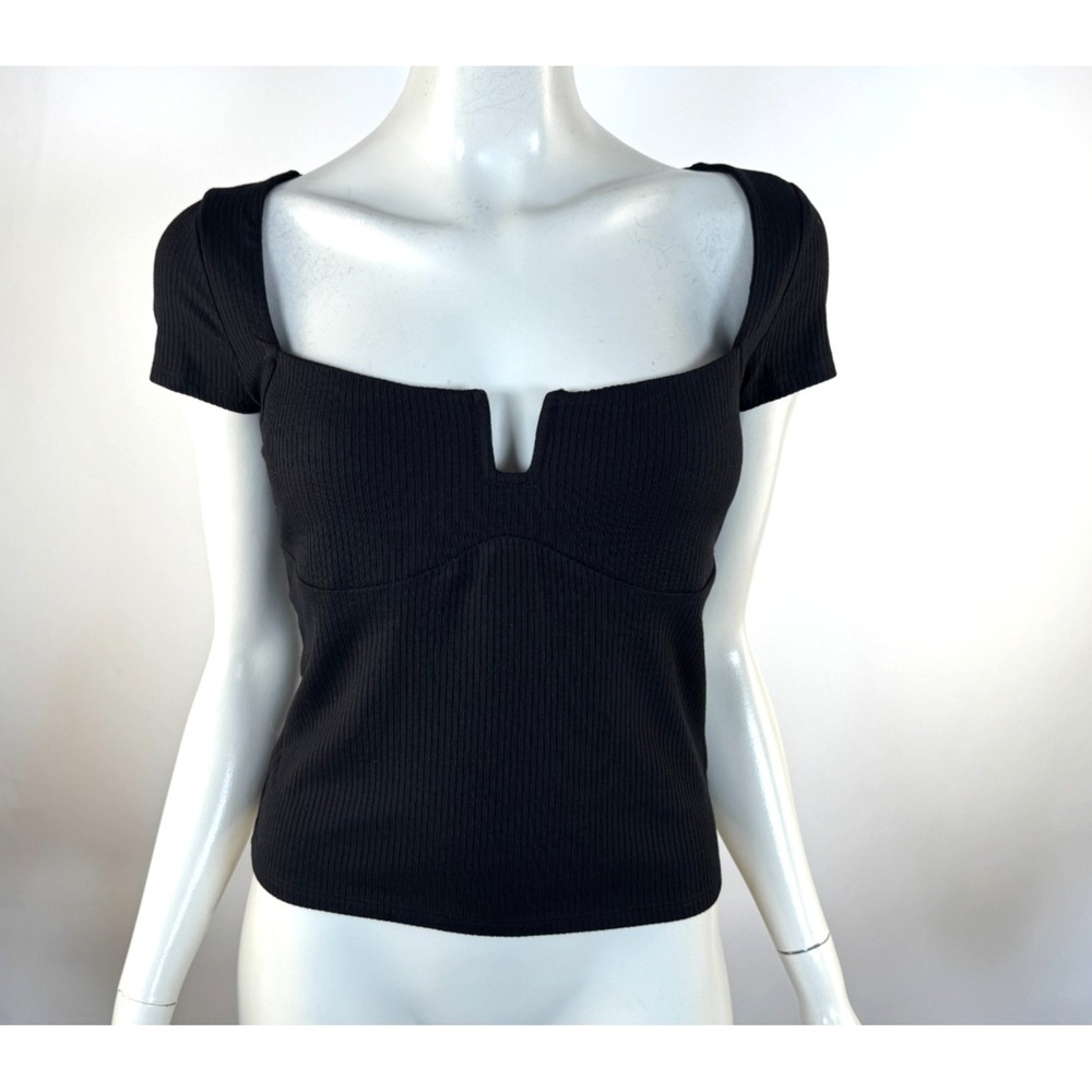 Reformation Emely Knit Top Women M EUC Stretch Short Sleeve Square Neck Black